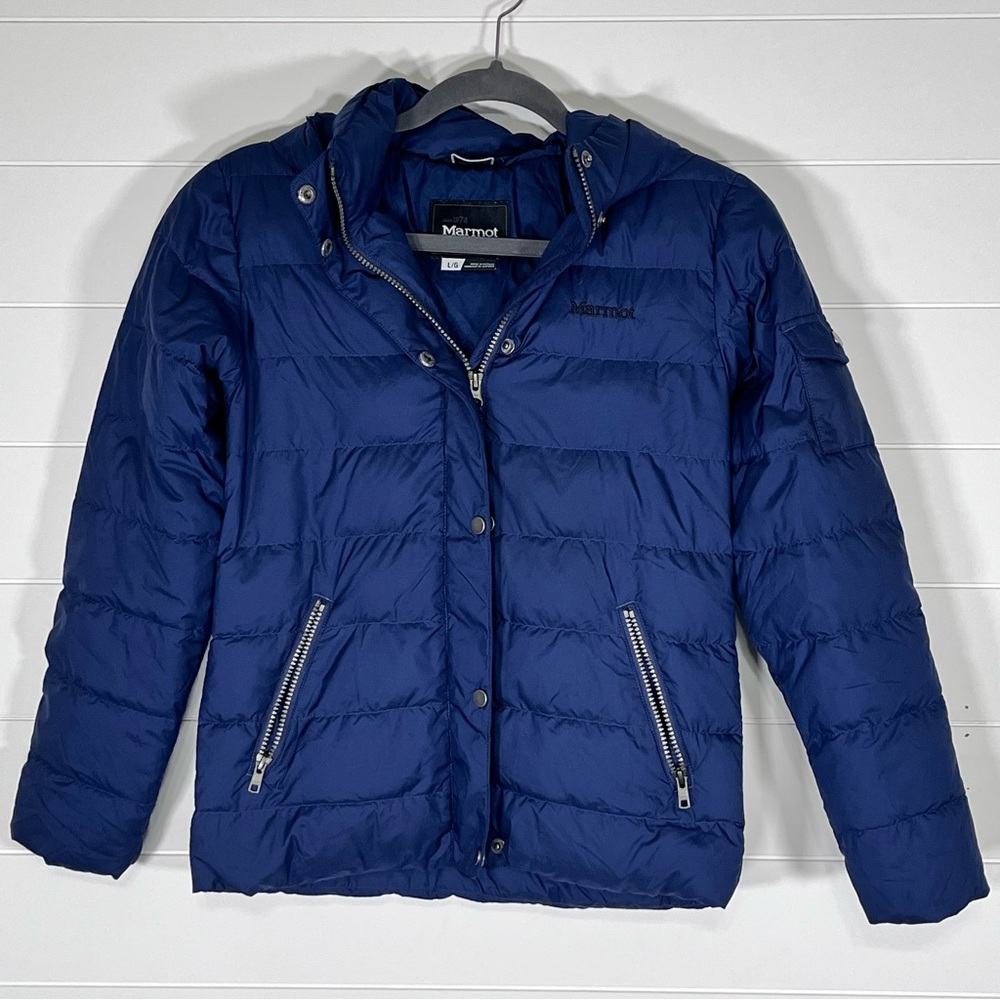 Marmot Kids Down Filled Hooded Blue Puffer Jacket Size Large